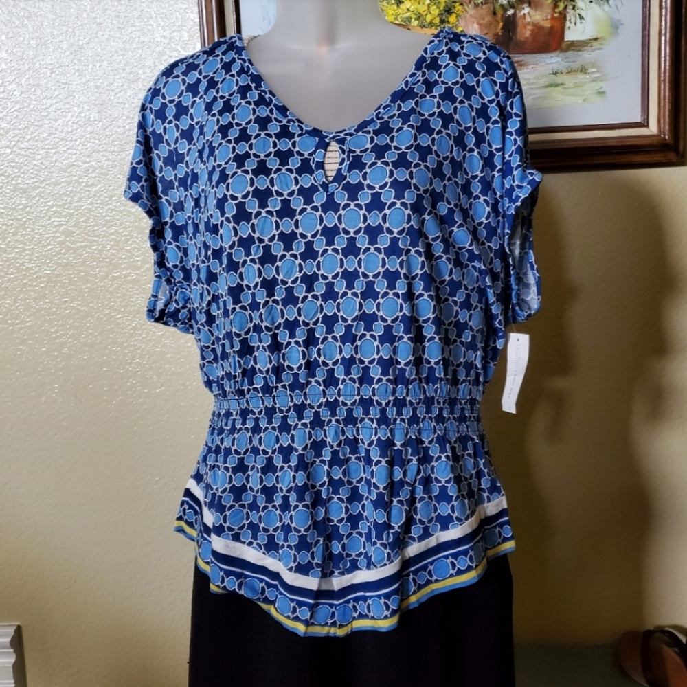 New York & Co NWT Cold Shoulder Blouse Blue Rayon Gold Chain Strap Shirt Sz S